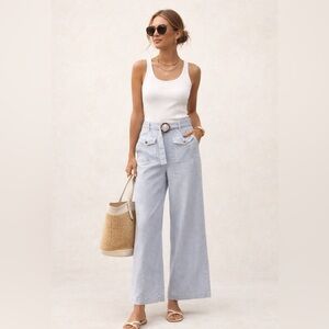LOFT Wide Leg Belted Micro Stripe Pants Blue White Coastal Cotton Linen Blend 10